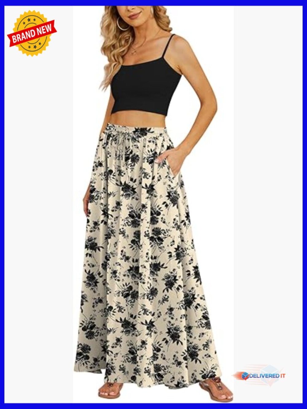 Flowy Maxi Skirt with Pockets - Pleated High Waisted Long Skirt
